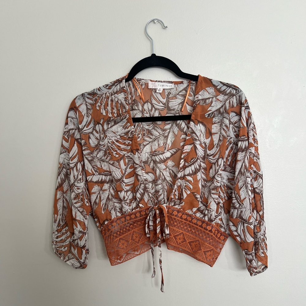 Timing Orange and White Leaf Print Blouse